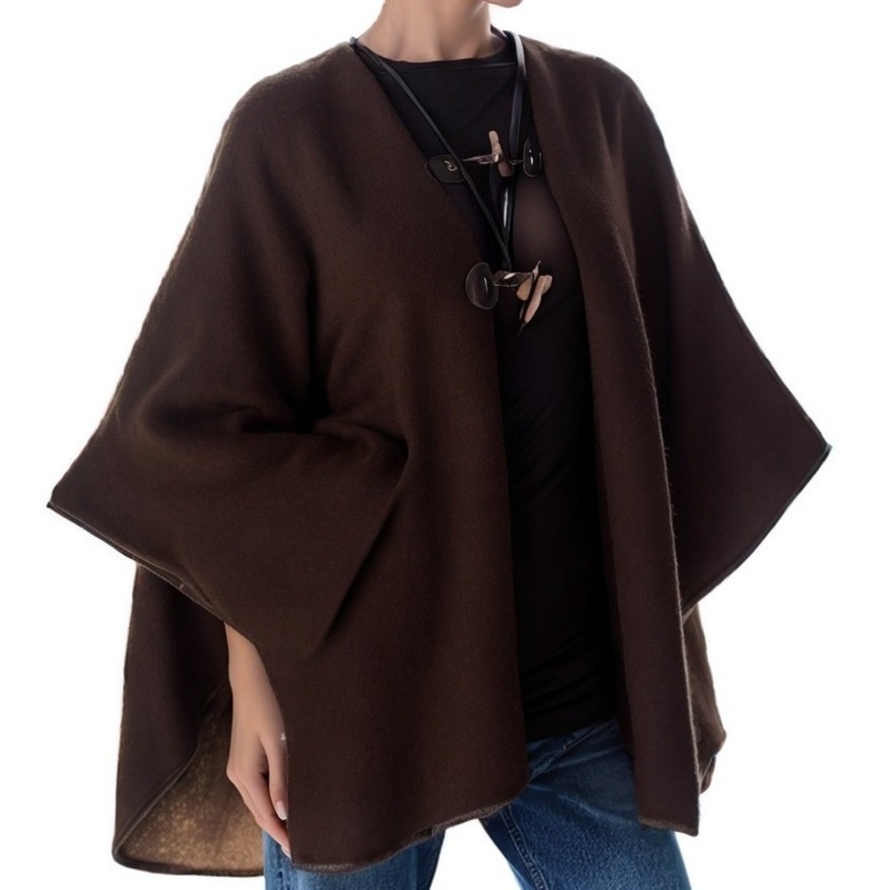 AQUA Womens Poncho Cape Wrap Reversible Ruana Wool Blend Toggle Closure Luxury